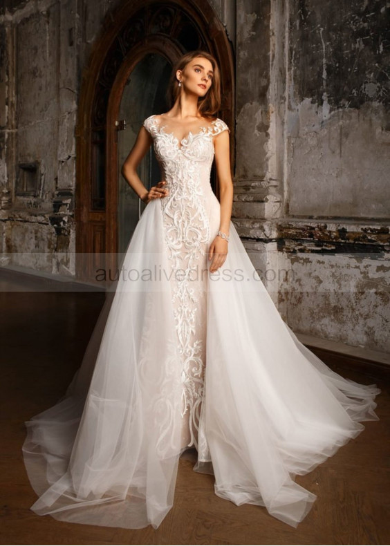 Ivory Lace Tulle Wedding Dress With Detachable Train